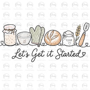 Puede incluir: Ilustración de elementos de panadería, incluyendo un tarro, un cuenco, guantes de horno, pan, una bolsa de harina, trigo y una espátula. El texto "Let's Get it Started" está escrito debajo.