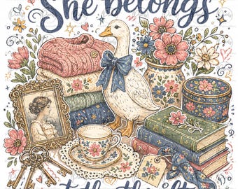 Ella pertenece a la tienda de segunda mano / Diseño maximalista PNG / Diseño digital vintage de segunda mano PNG