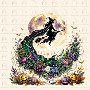 May include: A digital illustration featuring a silhouette of a witch flying on a broomstick against a large full moon. Below, a crescent shape is filled with purple and green roses, foliage, and constellations, flanked by two carved jack-o'-lanterns.