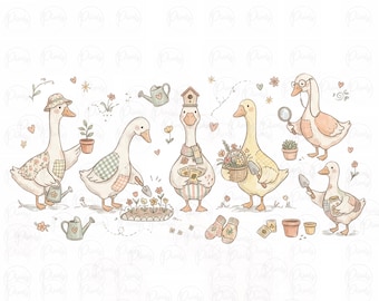 Gansos de jardinería PNG Diseño de jardín de ganso estilo cottagecore Ganso floral PNG Gráfico de ganso primaveral caprichoso para camisetas, bolsos y cuadernos