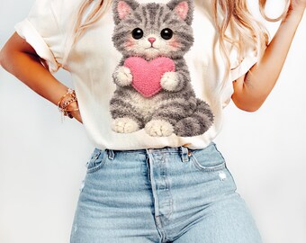 Gato de San Valentín de hilo PNG, diseño de gatito de punto grueso con gancho de pestillo, clip art de gatito para diseñar productos digitales o POD