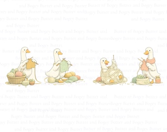 Gansos divertidos de punto / Punto vintage / Diseño de regalo para tejedores / PNG acogedor estilo abuela con un gatito de punto de regalo PNG