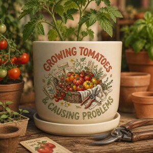 Könnte beinhalten: Cremefarbener Keramik-Pflanztopf mit dem Text "Growing Tomatoes & Causing Problems". Der Topf zeigt einen Korb mit Tomaten und Gartengeräten. Eine Tomatenpflanze wächst aus dem Topf.