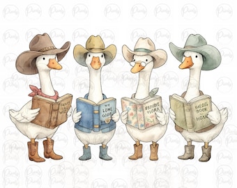 Ganso amante de los libros del oeste PNG / Diseño de amante de los libros PNG / Diseño retro de ganso / Diseño de lectura retro