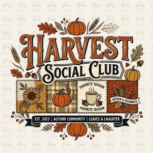 Harvest Social Club PNG, Cozy Fall Sweatshirt Design, Patchwork Pumpkin PNG, Autumn Aesthetic, Sweater Weather PNG, Social Club Digital