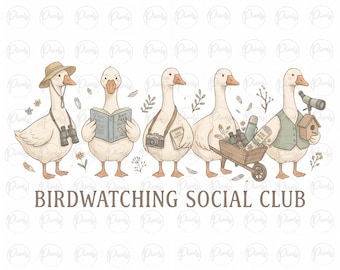 Gansos observadores de aves PNG Nerd de aves PNG Ganso gracioso PNG Cottagecore Naturaleza Amante de las plantas / Diseño de camiseta de gansos de primavera / Pasatiempos de abuela