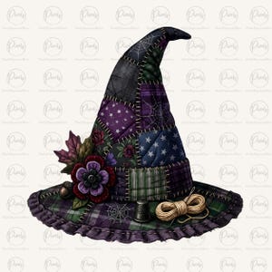 May include: A patchwork witch hat featuring a quilted design with various dark purple, green, and black fabric patterns including stars and spiderwebs. The hat is decorated with a dark flower, autumn leaves, a metal thimble, and a spool of twine.