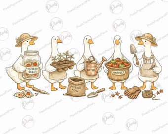 Gansos jardineros PNG / Lindos gansos jardineros de tomates / Archivo PNG de imágenes prediseñadas para amantes de las plantas para sublimación más PNG de bonificación gratis