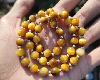 Yellow Tigers Eye Necklace .  8mm Round Smooth Tigers Eye Beads . Natural Tigers Eye Beads Necklace . Tigers Eye Gemstone Beaded Necklace