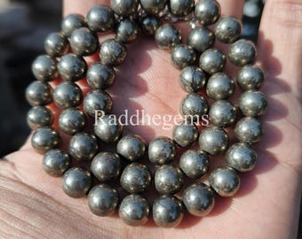 Natural Pyrite Beaded Necklace, 8mm Smooth Round Beads, Men & Women's Gift , Sterling Silver Clasp, AAA Pyrite Gemstone Bead Unisex Necklace