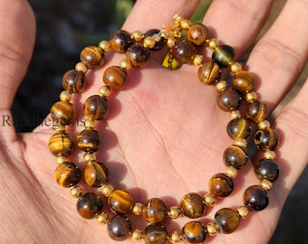 Natural Tiger’s Eye Beaded Necklace, 8mm Smooth Round Beads, Brown Yellow Tiger’s Eye Beads Necklace, Gemstone Necklace, Gift for Her, Gold