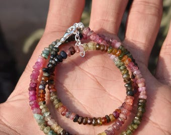 Natürliche Turmalin Perlen Halskette | 4 mm facettierte Rondelle | Multi Turmalin Halskette | Zierlicher Edelsteinschmuck | Handgemachtes Geschenk für Sie