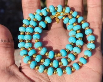 Turquoise Beaded Necklace, 8mm Rondelle Beads Necklace, December Birthstone, Minimalist Necklace, Genuine Blue Turquoise Beads, Gift For Her