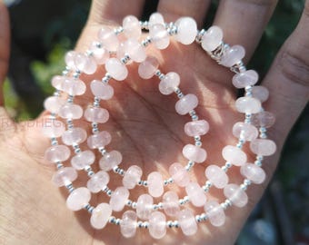 Genuine Natural Rose Quartz Gemstone Necklace, Smooth Rose Quartz Beads Necklace, AAA Rose Quartz Beads, Light Rose Quartz Rondelle Beads