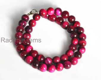 Pink Tiger's Eye Necklace, 8mm Sterling Silver Beaded Gemstone