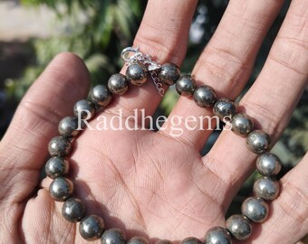Naturligt pyritarmband 8 mm runda släta pärlor • Pyritpärlarmband • Välståndshälsande kristallsmycken • Pärlarmband för män och kvinnor