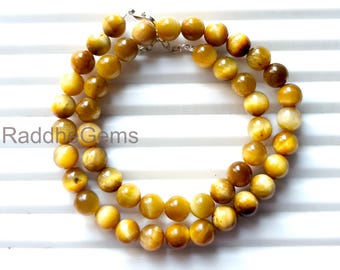 AAA Natural Tigers Eye Beaded Necklace . 8mm Round Smooth  Beads . Gemstone Tigers Eye Beads Necklace . Yellow Tigers Eye Beads Necklace