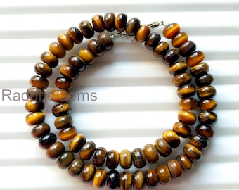 Tiger Eye Necklace, Tiger Eye Gemstone Necklace . 8mm Smooth Round Beads . Natural Tiger Eye Beads . Genuine Tiger Eye Statement Necklace