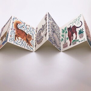 May include: A folded paper book with colorful illustrations of cats and plants. The book has a white background with blue, green, and red accents.