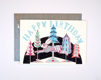 Greeting Card - Leaping Rabbit in the Forest