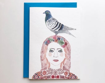 Woman with Pigeon Card