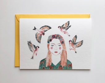 Carte Femme avec des chardonnerets