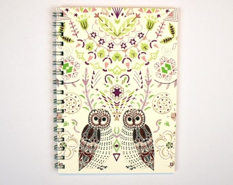 A6 Lined Notebook- Owls and Leaf Pattern