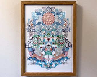 May include: A framed vertical art print featuring a symmetrical watercolour illustration with a central orange mandala, blue geometric tile patterns, stylised green trees, and two leaping tan deer at the bottom, all encased in a light wood frame.