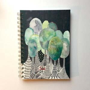 May include: Spiral-bound notebook featuring a watercolor illustration of stylized trees in shades of green and blue against a dark background. The bottom of the design has black and white patterned trees.