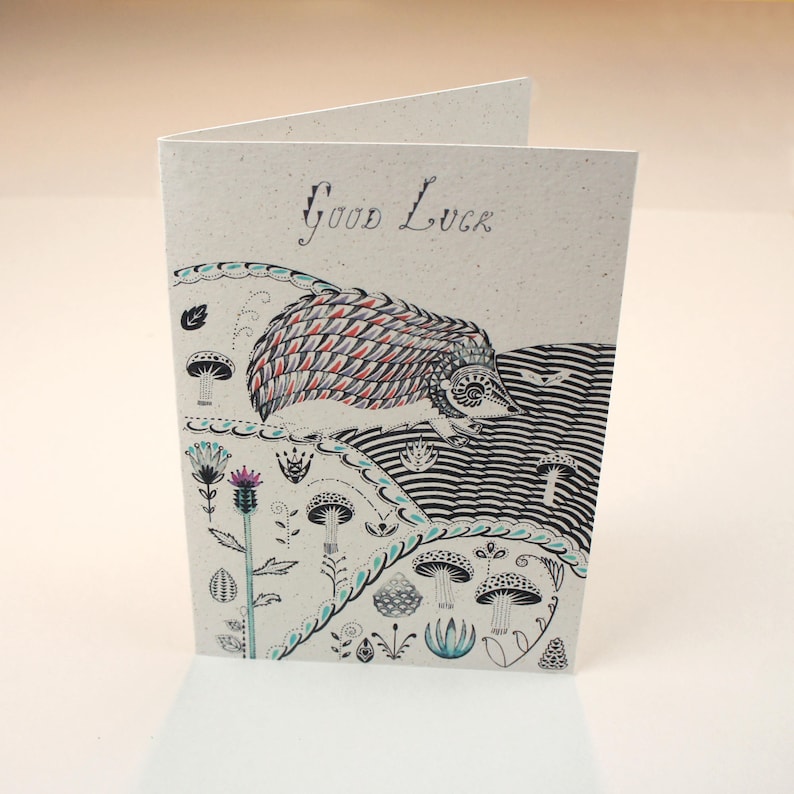Hedgehog and Pinecones Good Luck Greeting Card