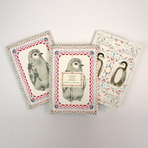 Puede incluir: Tres cuadernos con ilustraciones de pingüinos. Los cuadernos tienen una portada con estampado rosa, rojo y azul. El texto de la portada dice "Dos cuadernos, uno liso, uno rayado, 100% reciclado, Prism by Starling."