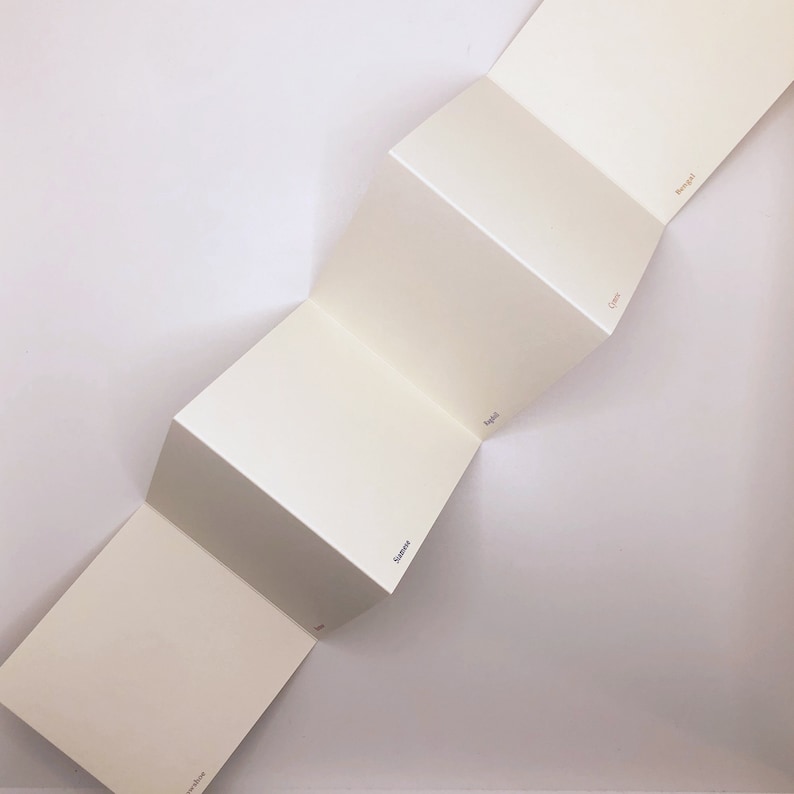 May include: A folded card with five panels, each with a different color swatch. The colors are labeled "Sunrise", "Sunlight", "Beige", "Coral", and "Bengal".