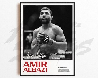 May include: Black and white framed poster featuring Amir Albazi, a UFC fighter. The poster includes a portrait of Albazi in the center, wearing gloves with the number 30. The name "Amir Albazi" is printed in red at the bottom.