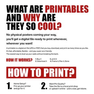 Pu&ograve; includere: Sfondo bianco con testo nero e rosso. Il testo recita "WHAT ARE PRINTABLES AND WHY ARE THEY SO COOL?" e "HOW IT WORKS?" e "HOW TO PRINT?". L'immagine spiega come acquistare, scaricare e stampare file di arte digitale.