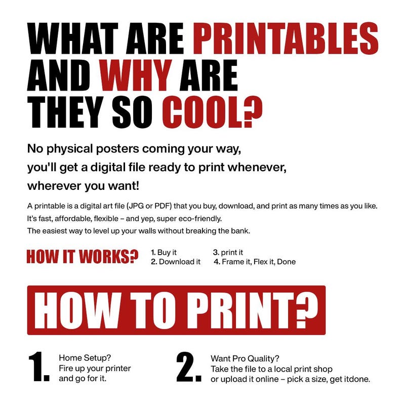 Pu&ograve; includere: Sfondo bianco con testo nero e rosso. Il testo recita "WHAT ARE PRINTABLES AND WHY ARE THEY SO COOL?" e "HOW IT WORKS?" e "HOW TO PRINT?". L'immagine spiega come acquistare, scaricare e stampare file di arte digitale.