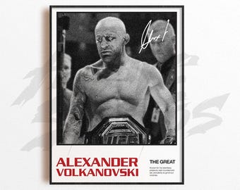 May include: Black and white framed poster featuring Alexander Volkanovski, holding a championship belt. The poster includes the text "ALEXANDER VOLKANOVSKI" in red, and a signature. The image is a portrait of the athlete.