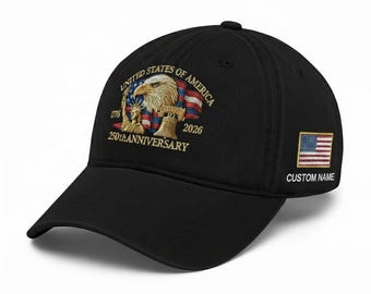 Casquette de baseball 250e anniversaire des États-Unis avec nom personnalisé 1776-2026, casquette brodée aigle patriotique, chapeau latéral drapeau américain, cadeau vétéran
