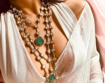 Luxury Emerald Green Kundan Necklace Set | Indian Bridal Jewelry | Long Layered Polki Necklace & Earrings |