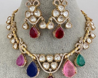Polki Kundan Necklace Set with Earrings | Multicolor Gemstone Bridal Jewelry | Indian Wedding Statement Jewelry Set