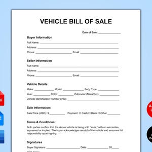 Formulario de factura de compraventa de vehículo / Contrato de transferencia de automóvil y motocicleta editable / Plantilla de contrato imprimible en Word / Google Docs / PDF
