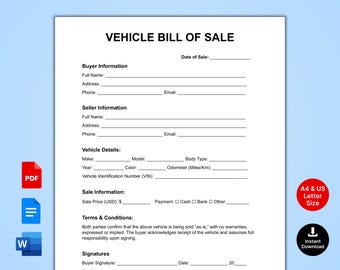 Vehicle Bill of Sale Form | Editable Auto Car & Motor Transfer Contract Agreement | Printable Contract Template Word | Google Docs | PDF