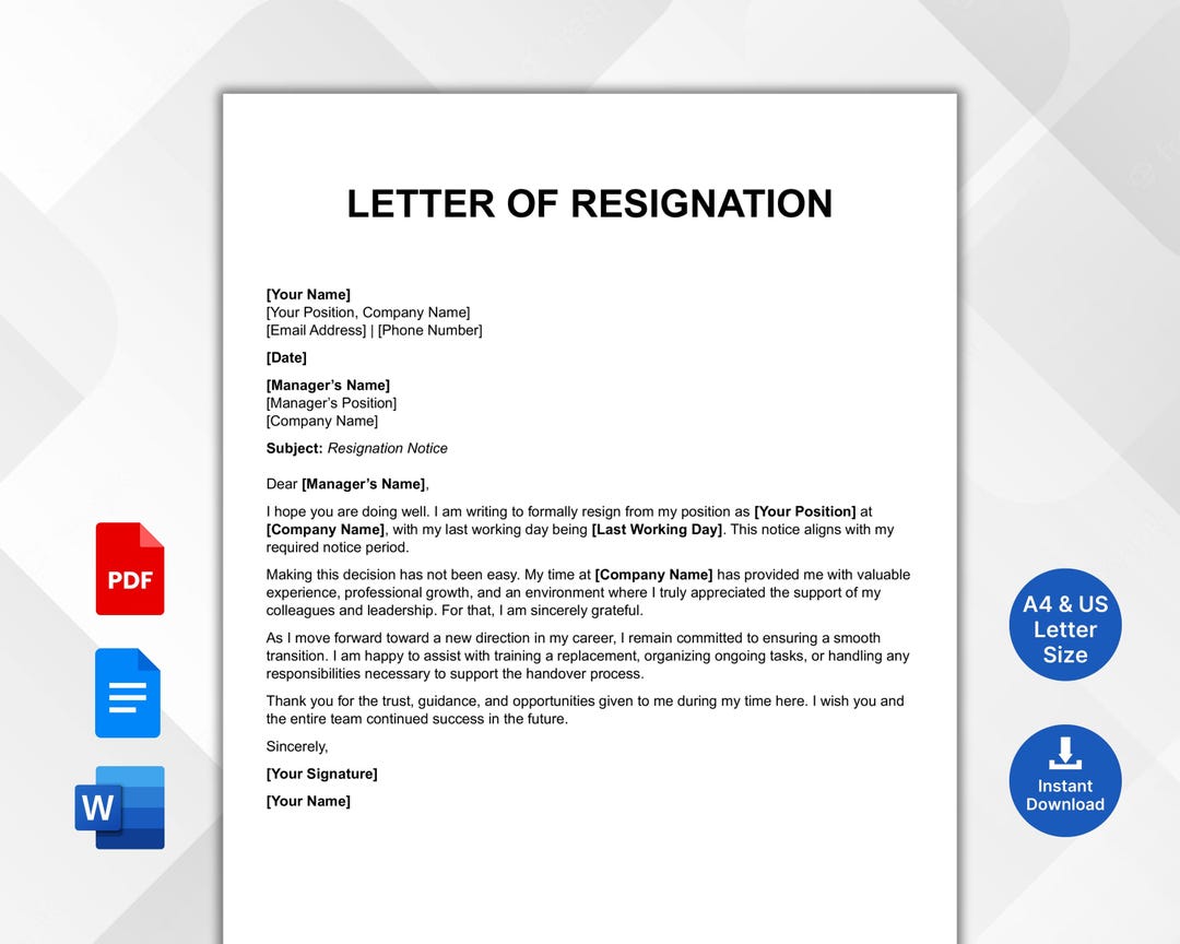 Professional Resignation Letter Template | Editable Notice (PDF, Word ...