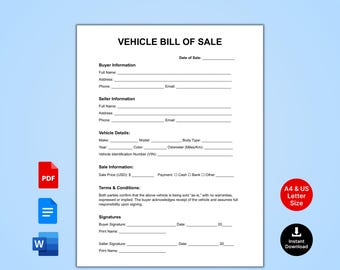 Vehicle Bill of Sale Form | Editable Auto Car & Motor Transfer Contract Agreement | Printable Contract Template Word | Google Docs | PDF