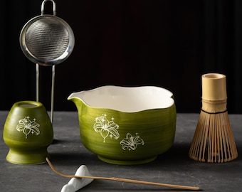 Green Lily Matcha Bowl Set | Handmade Japanese Tea Ceremony Kit