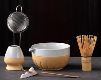 Two-Tone Matcha Bowl Set,Speckled Beige & White Ceramic Chawan with Bamboo Whisk