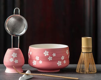 Blush Pink Sakura Matcha Set | Japanese Tea Ceremony Kit with Bamboo Whisk - Handmade Gift for Tea Lovers
