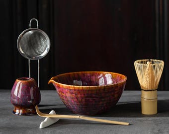 Handmade Kiln Change Red Purple Matcha Bowl Set: Chawan, Whisk, Scoop, Sifter