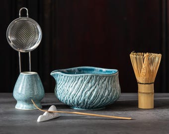 Handmade Textured Teal Matcha Bowl Set - Japanese Katakuchi Tea Ceremony Kit with Chasen