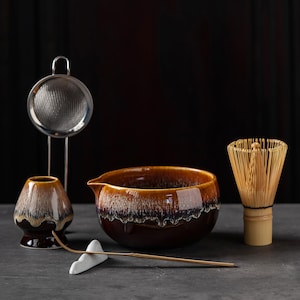 Ceramic Matcha Bowl Set with Whisk,Reactive Drip Glaze Japanese Tea Ceremony Kit, Wabi Sabi Rustic Tea Lover Gift