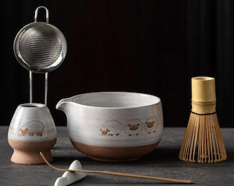 Matcha Bowl Set - Cute Sheep Print Wabi-Sabi Japanese Tea Ceremony Kit